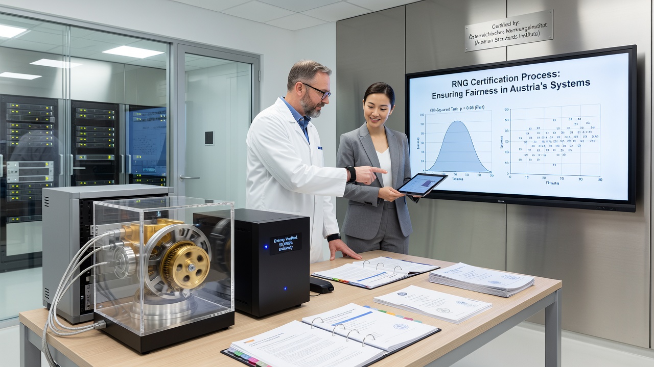 Certification engineers analyzing statistical output logs from an Austrian lottery random number generator during a compliance review